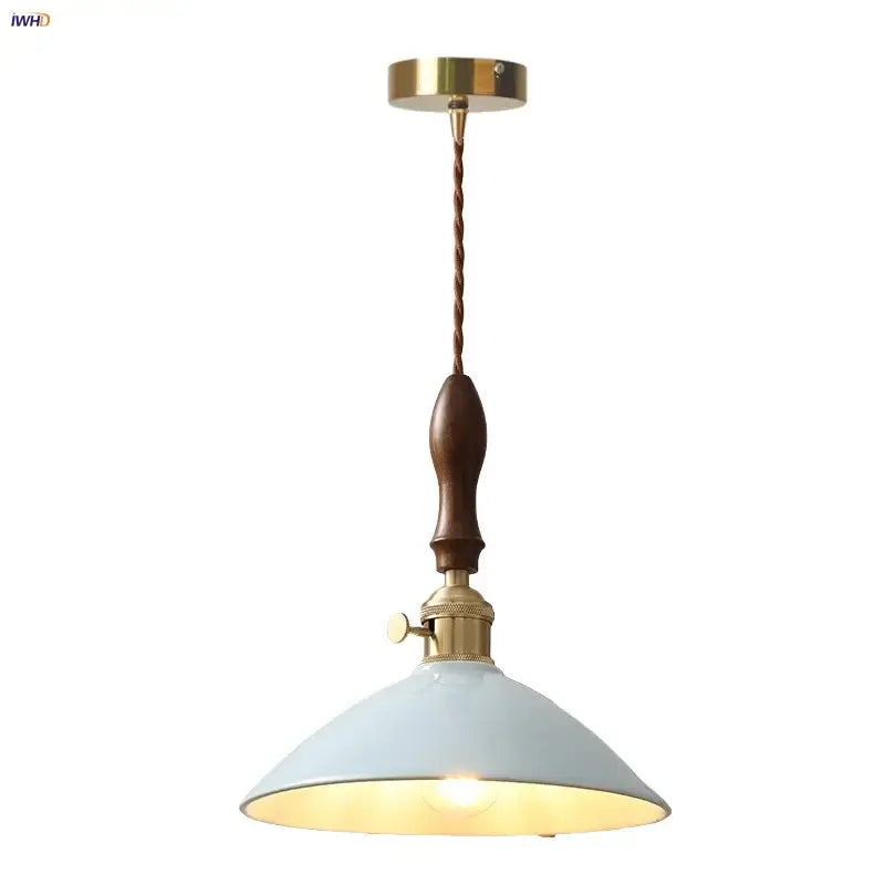 Vintage pale blue enamel pendant light with ceramic knob switch living room