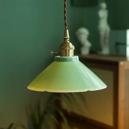 Vintage pale green glass pendant light dining room brass fixture