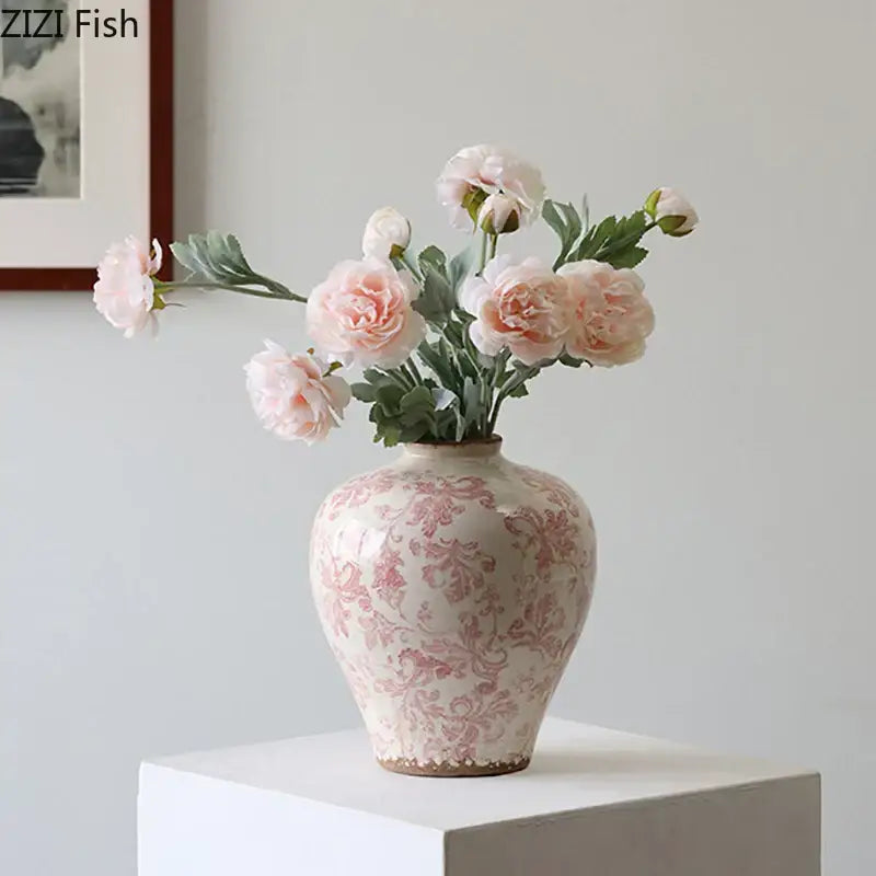 Vintage pink floral cracked texture porcelain vase living room decor