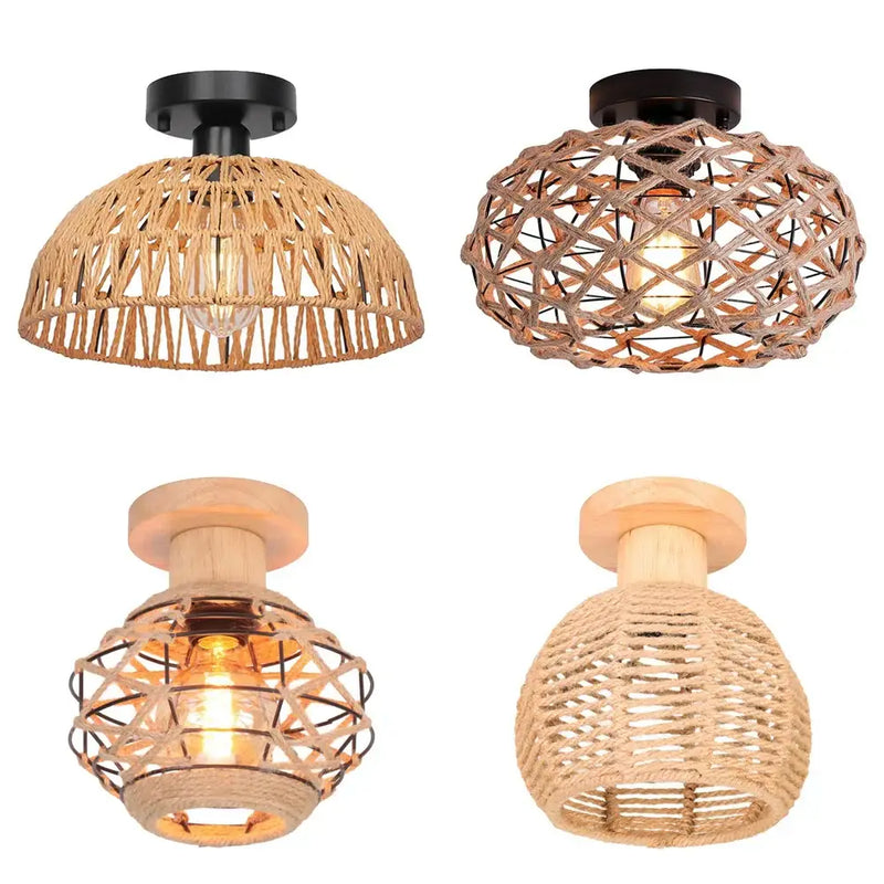 Vintage rattan and handmade hemp rope ceiling light dining room chandelier