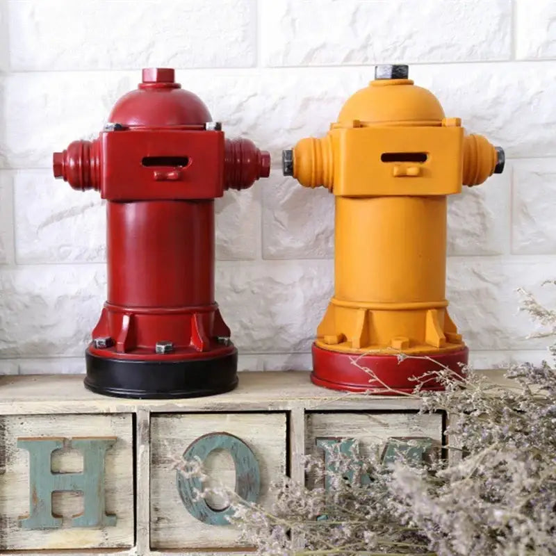 Vintage red & yellow hydrant piggy bank living room decor