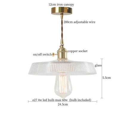 Vintage ribbed clear glass led pendant light kitchen brass fixture
