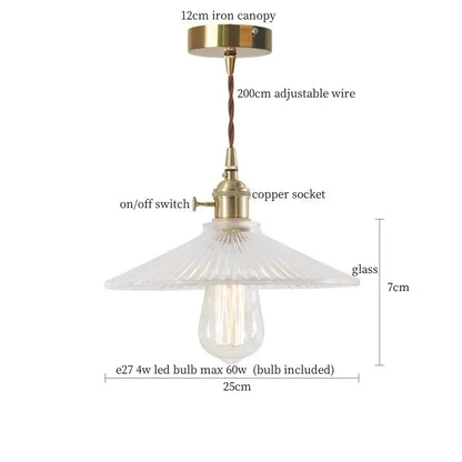 Vintage ribbed clear glass led pendant light kitchen brass fixture