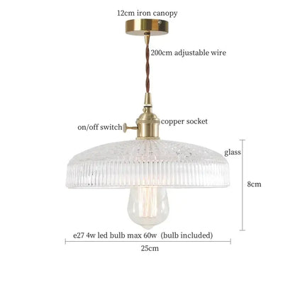 Vintage ribbed clear glass led pendant light kitchen brass fixture