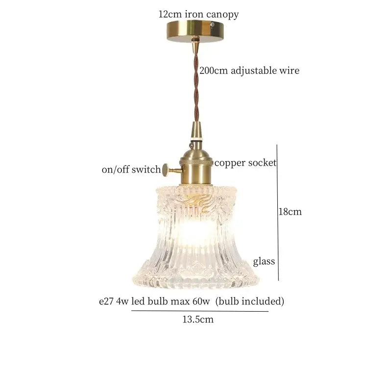 Vintage ribbed clear glass led pendant light kitchen brass fixture