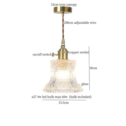 Vintage ribbed clear glass led pendant light kitchen brass fixture