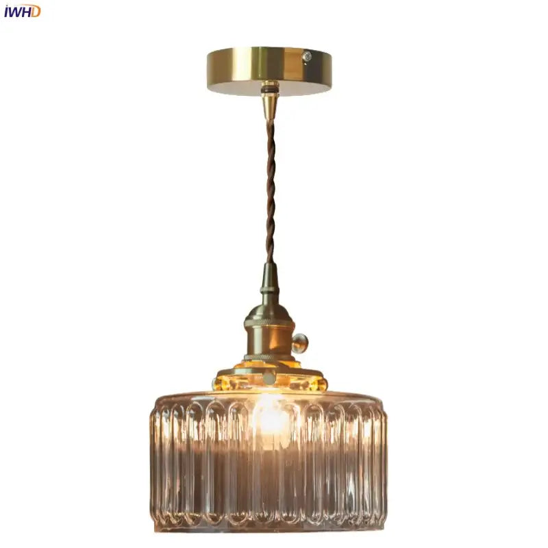 Vintage ribbed clear glass led pendant light kitchen brass fixture
