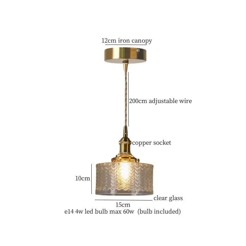 Vintage ribbed clear glass led pendant light kitchen brass fixture