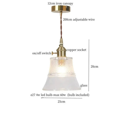 Vintage ribbed clear glass led pendant light kitchen brass fixture
