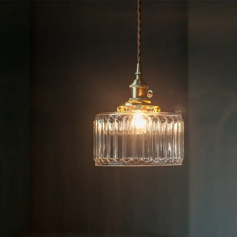 Vintage ribbed clear glass led pendant light kitchen brass fixture