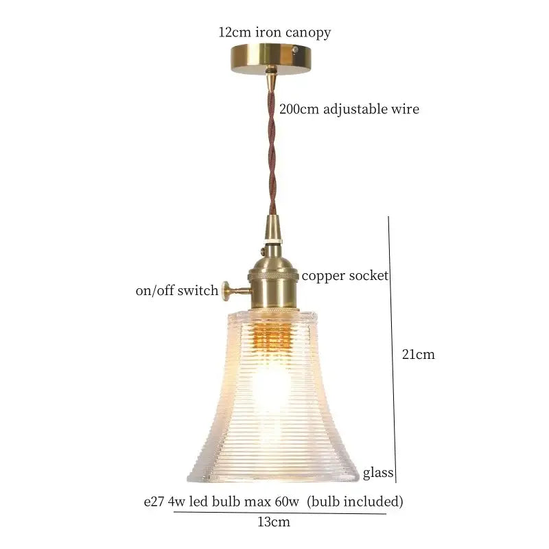 Vintage ribbed clear glass led pendant light kitchen brass fixture