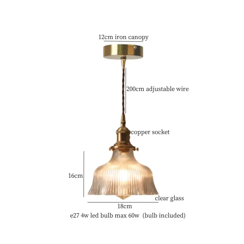 Vintage ribbed clear glass led pendant light kitchen brass fixture