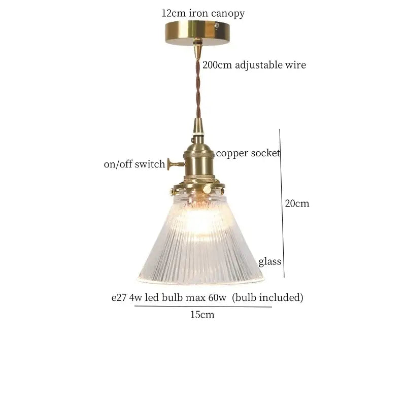 Vintage ribbed clear glass led pendant light kitchen brass fixture