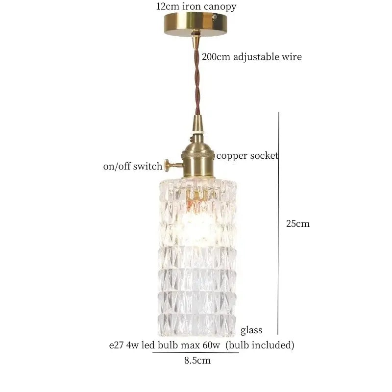 Vintage ribbed clear glass led pendant light kitchen brass fixture