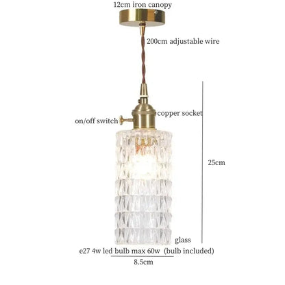 Vintage ribbed clear glass led pendant light kitchen brass fixture