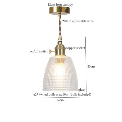 Vintage ribbed clear glass led pendant light kitchen brass fixture