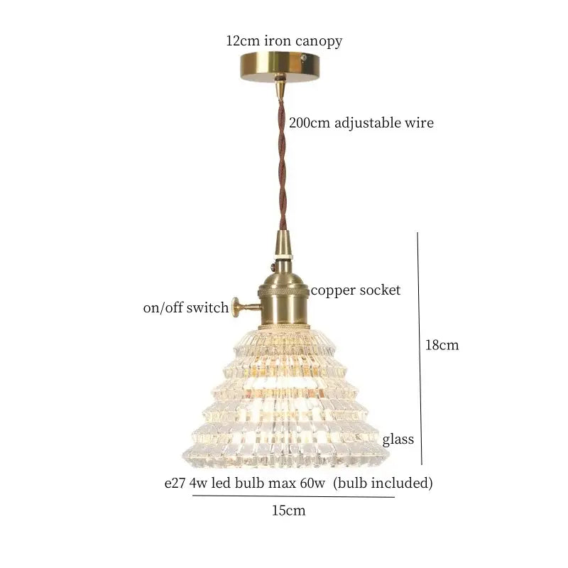 Vintage ribbed clear glass led pendant light kitchen brass fixture