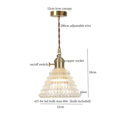 Vintage ribbed clear glass led pendant light kitchen brass fixture
