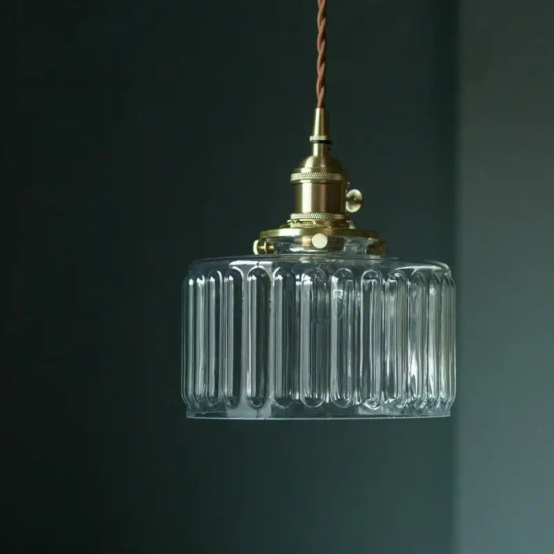 Vintage ribbed clear glass led pendant light kitchen brass fixture