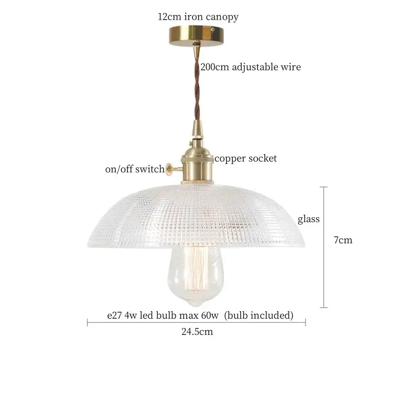 Vintage ribbed clear glass led pendant light kitchen brass fixture