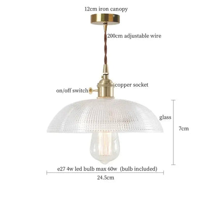 Vintage ribbed clear glass led pendant light kitchen brass fixture