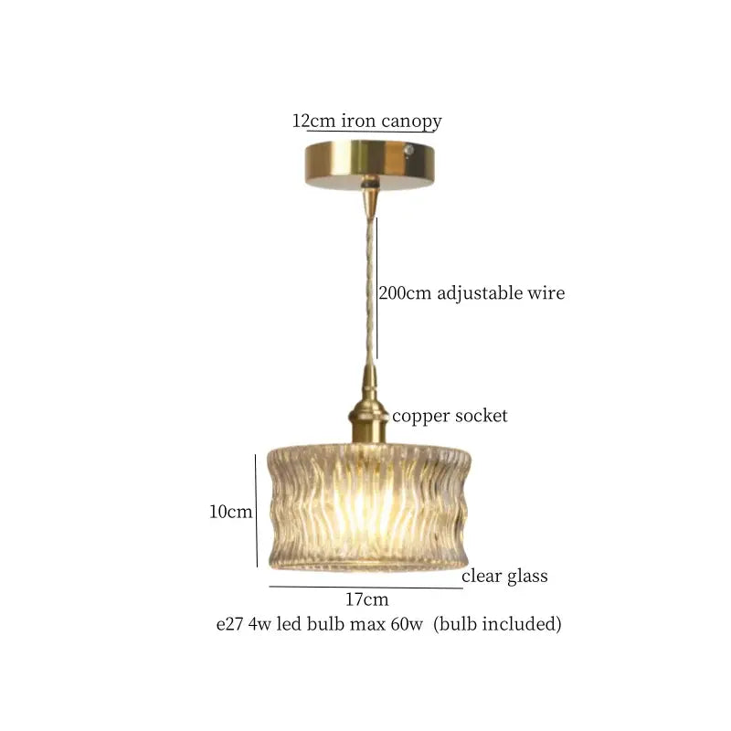 Vintage ribbed clear glass led pendant light kitchen brass fixture
