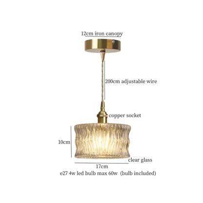 Vintage ribbed clear glass led pendant light kitchen brass fixture