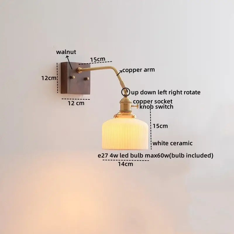 Vintage ribbed glass ceramic copper led wall lamps bedroom light