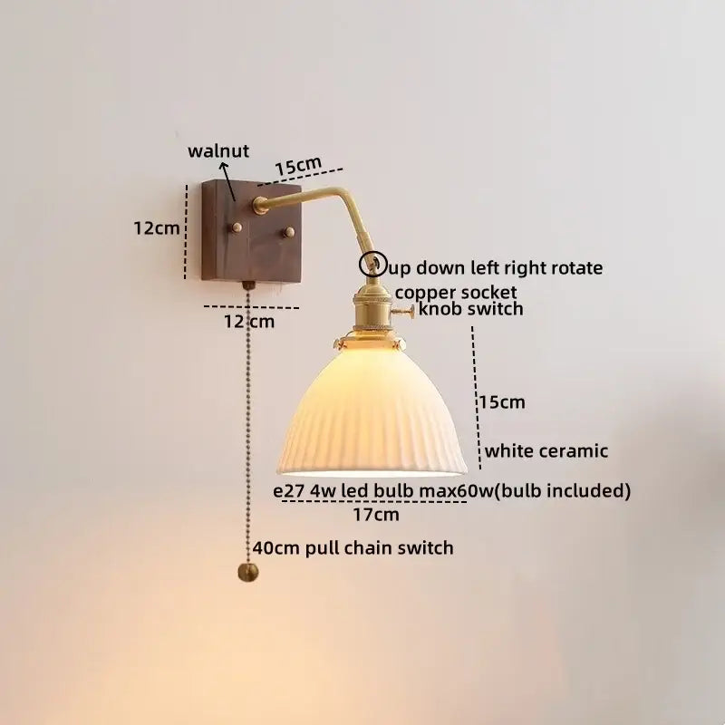 Vintage ribbed glass ceramic copper led wall lamps bedroom light