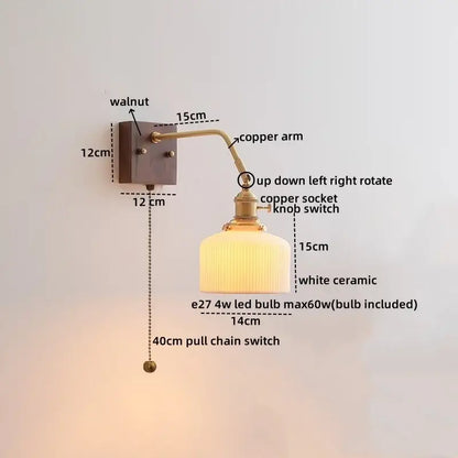 Vintage ribbed glass ceramic copper led wall lamps bedroom light