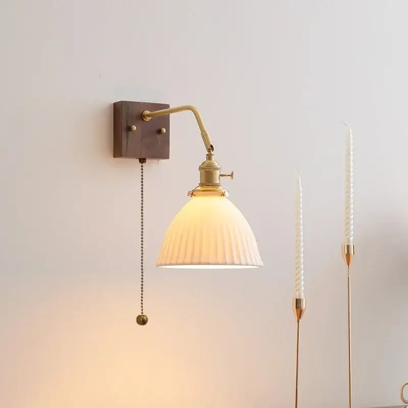 Vintage ribbed glass ceramic copper led wall lamps bedroom light