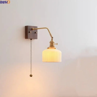 Vintage ribbed glass ceramic copper led wall lamps bedroom light