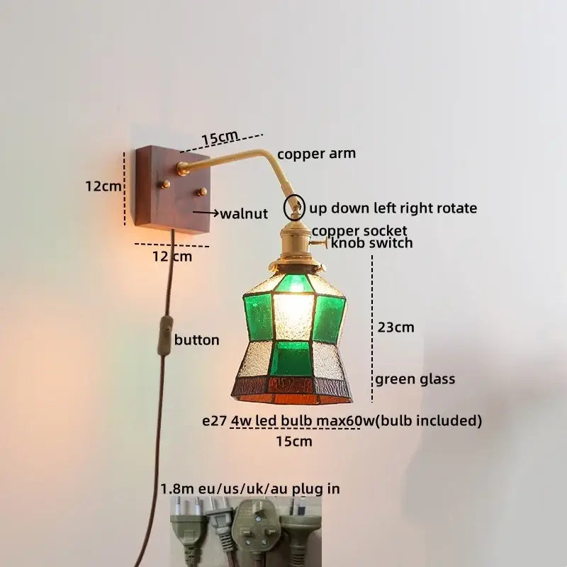 Vintage ribbed glass ceramic copper led wall lamps bedroom light