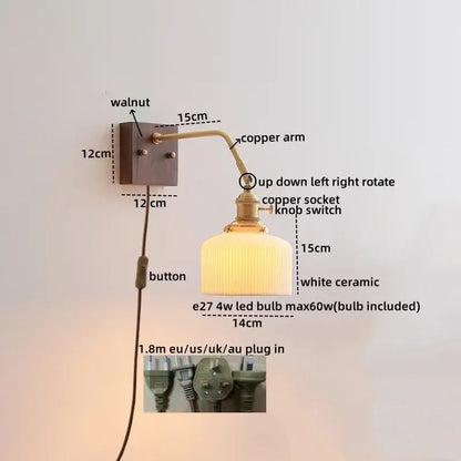 Vintage ribbed glass ceramic copper led wall lamps bedroom light