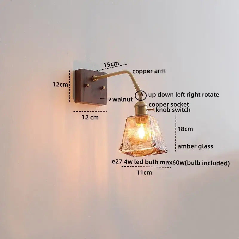 Vintage ribbed glass ceramic copper led wall lamps bedroom light