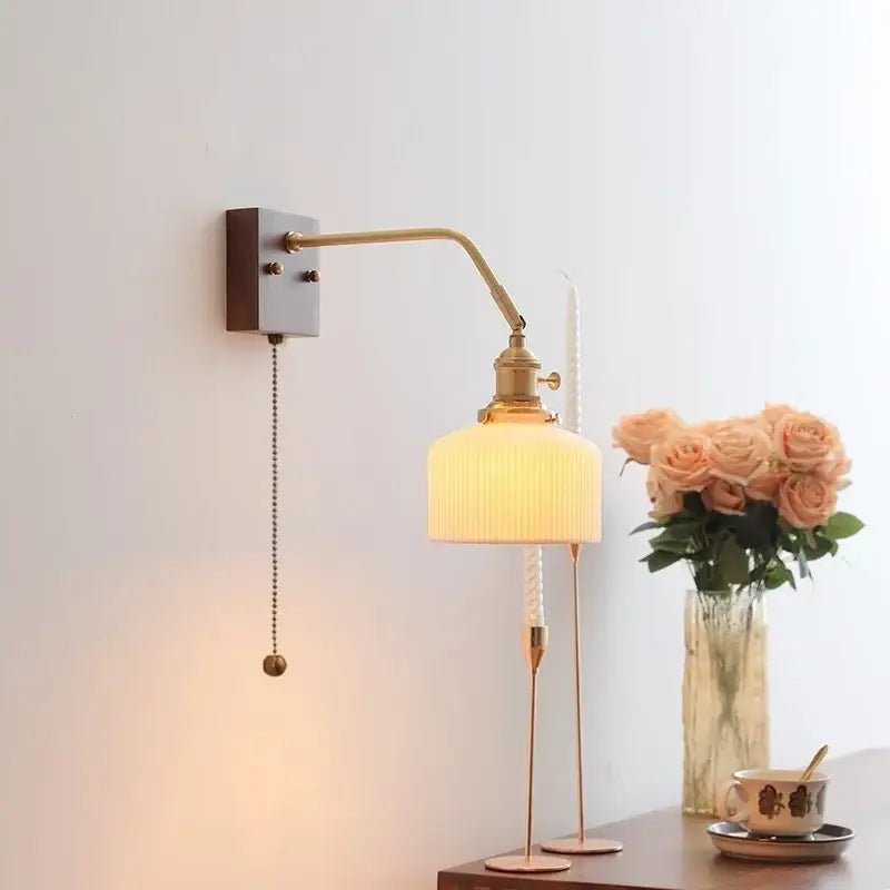 Vintage ribbed glass ceramic copper led wall lamps bedroom light