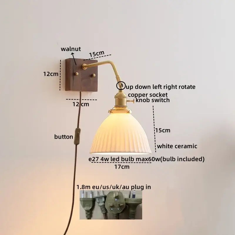 Vintage ribbed glass ceramic copper led wall lamps bedroom light