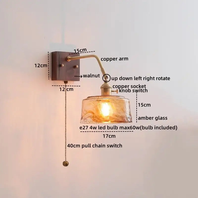Vintage ribbed glass ceramic copper led wall lamps bedroom light