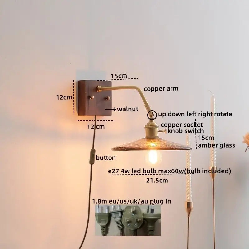 Vintage ribbed glass ceramic copper led wall lamps bedroom light