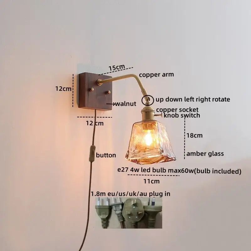 Vintage ribbed glass ceramic copper led wall lamps bedroom light