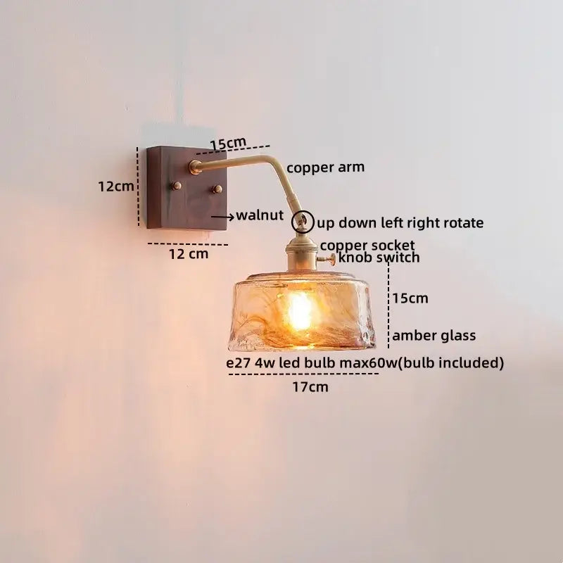 Vintage ribbed glass ceramic copper led wall lamps bedroom light