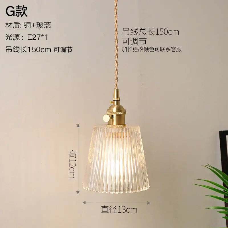 Vintage ribbed glass copper pendant light for kitchen dining room