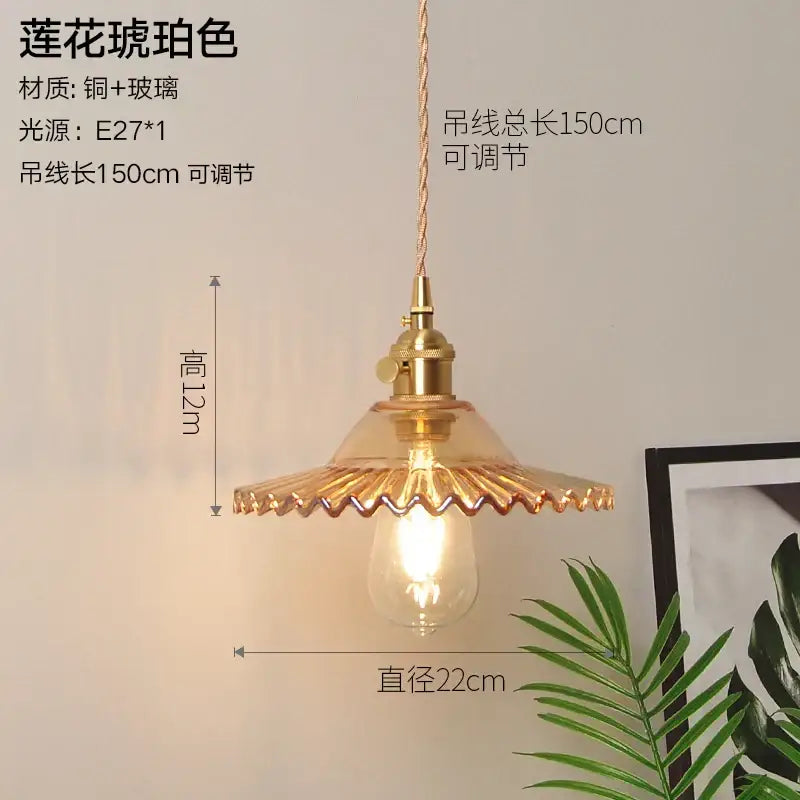 Vintage ribbed glass copper pendant light for kitchen dining room