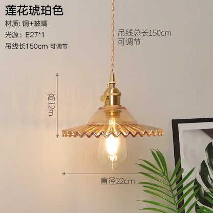 Vintage ribbed glass copper pendant light for kitchen dining room