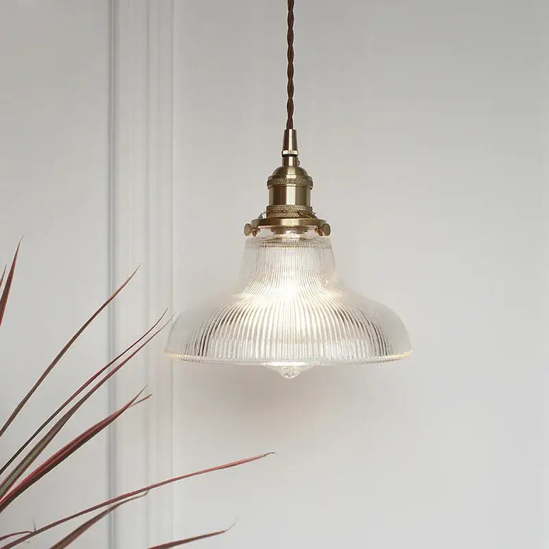 Vintage ribbed glass copper pendant light for kitchen dining room