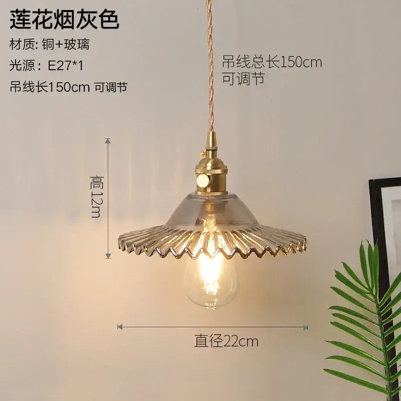 Vintage ribbed glass copper pendant light for kitchen dining room