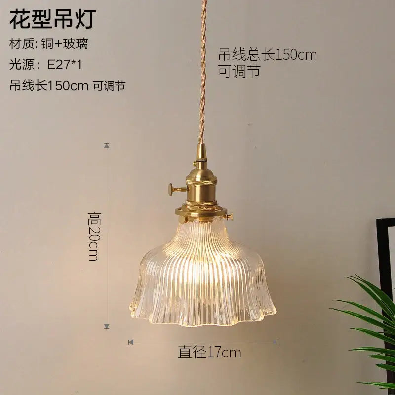 Vintage ribbed glass copper pendant light for kitchen dining room