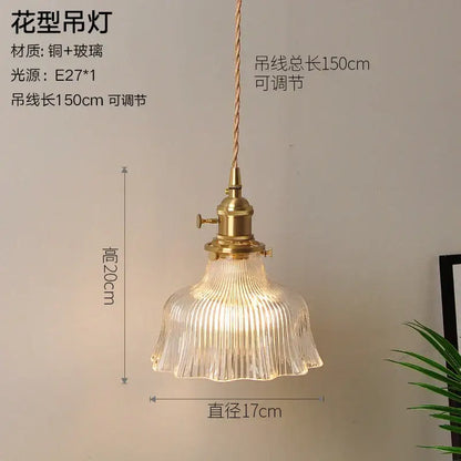 Vintage ribbed glass copper pendant light for kitchen dining room