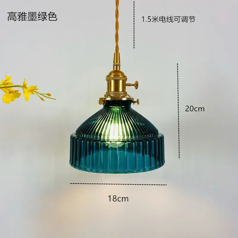 Vintage ribbed green glass hanging lamp dining room pendant light