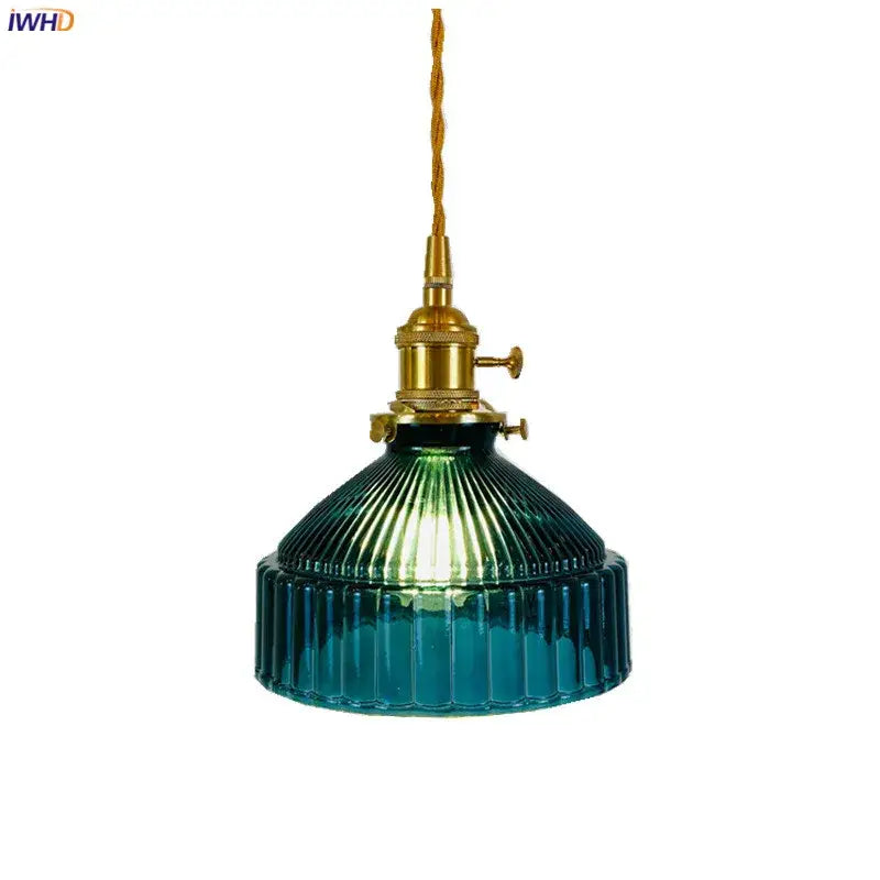 Vintage ribbed green glass hanging lamp dining room pendant light